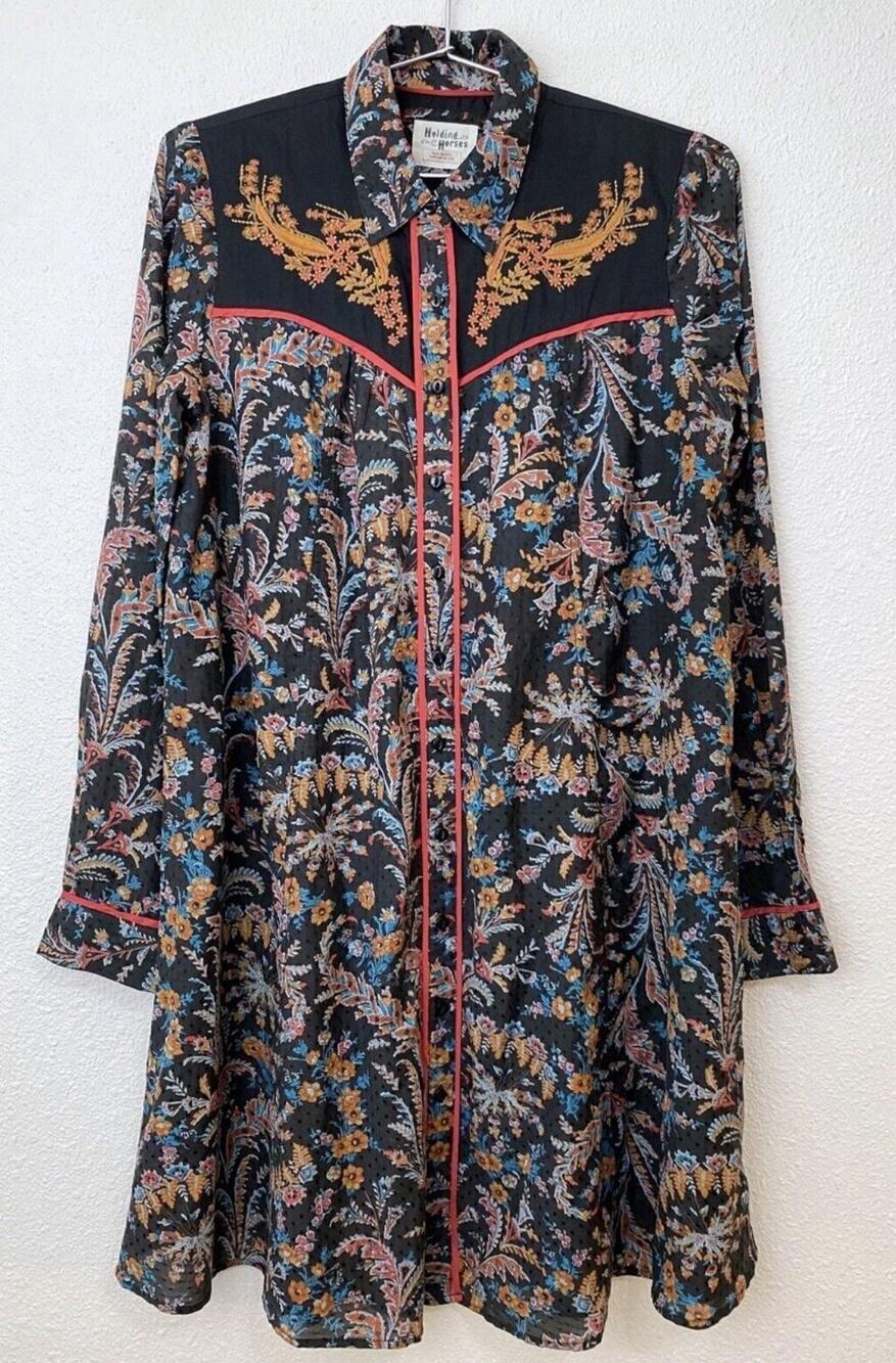 Holding Horses Womens 10 Blk Floral Embroidered Shirt Dress